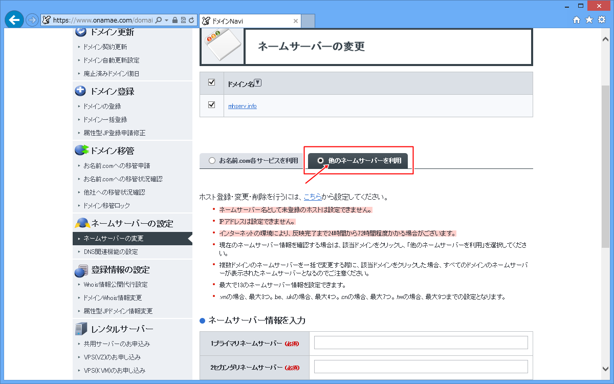 他のネームサーバを利用にチェック